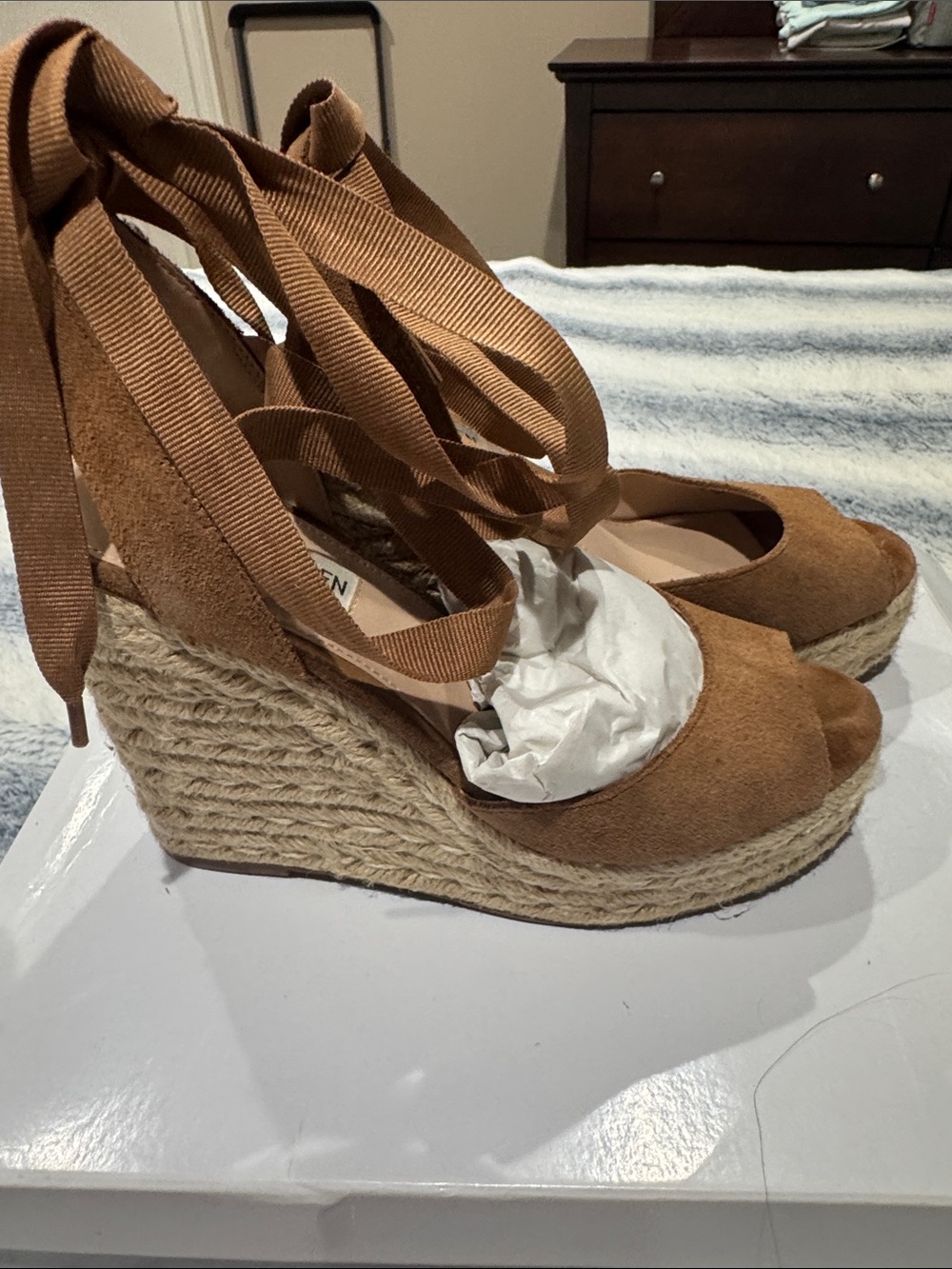 Steve Madden Tan Suede Espadrille Wedge Sandals with Ankle Wraps